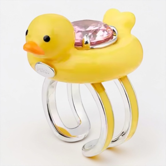 Jewelry - Cute Duck Ring Adjustable Size 7 Yellow Enamel Pink Crystal Statement Ring NWOT